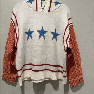 EUC POL White Sweater with Blue Stars and Red Sleeves. PTP 22”. Length 24”